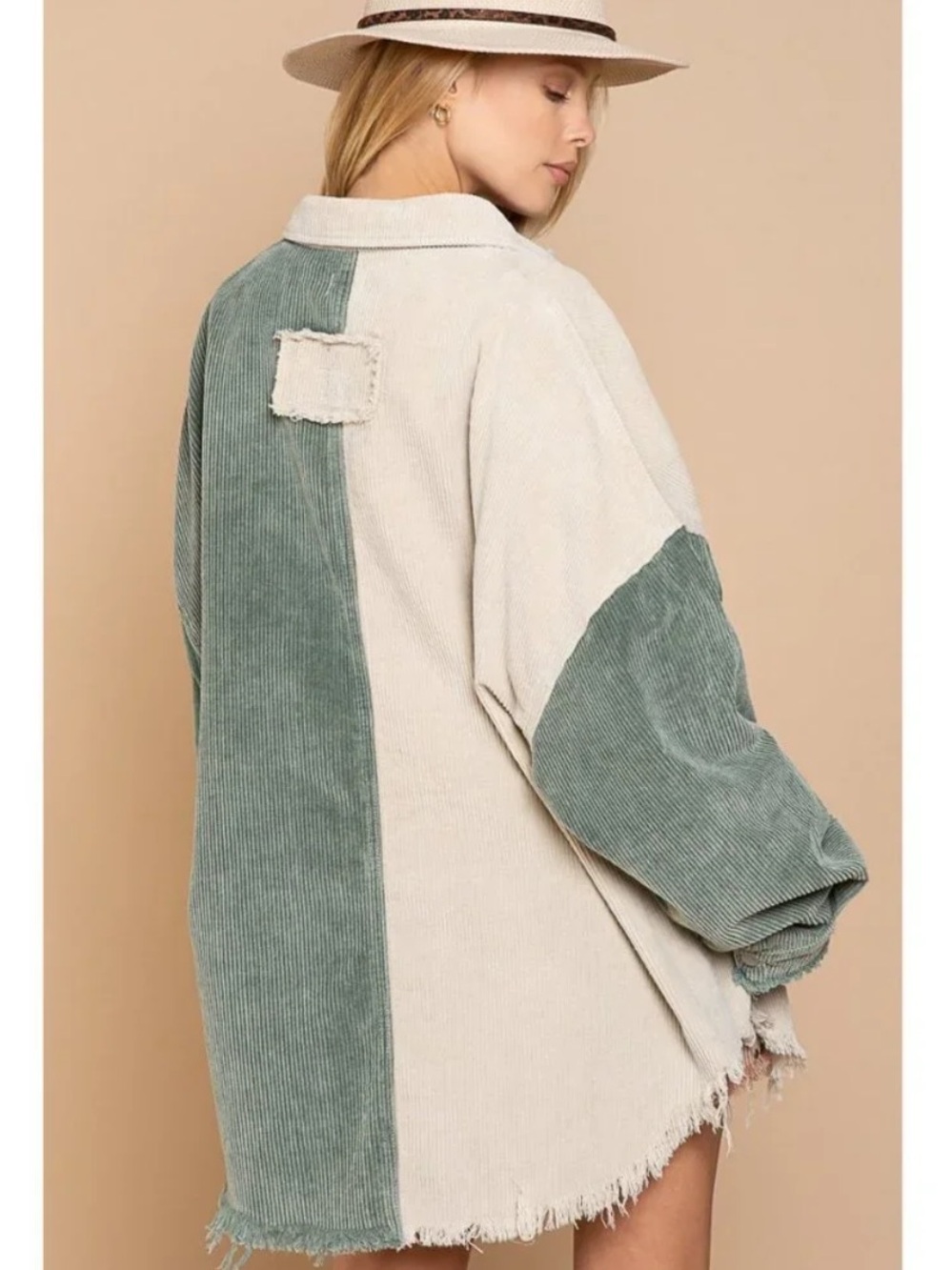 POL Colorblock Corduroy Oversized Shacket Sage Jade Cream Boho Large - Picture 8 of 9